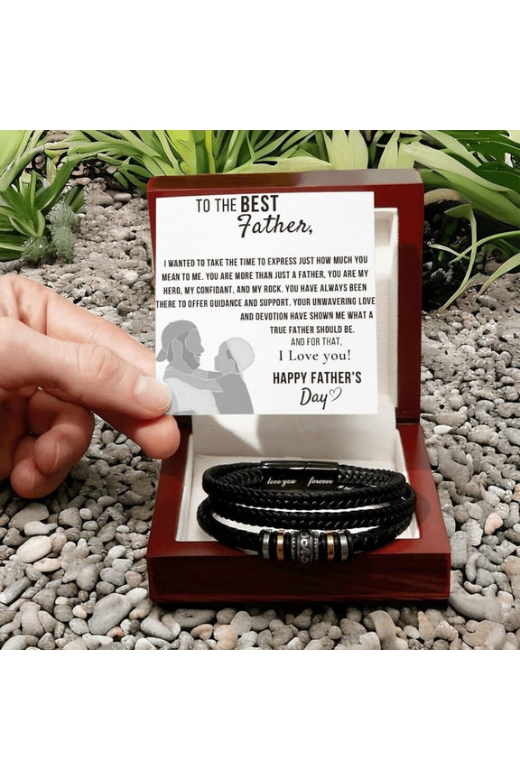 Father's Day Gift for Dad from Son, Special Dad Gift for Best Father, Personalized Vegan Leather Bracelet for Men in Luxury LED Box, Birthday Gift Bracelet with Message Card