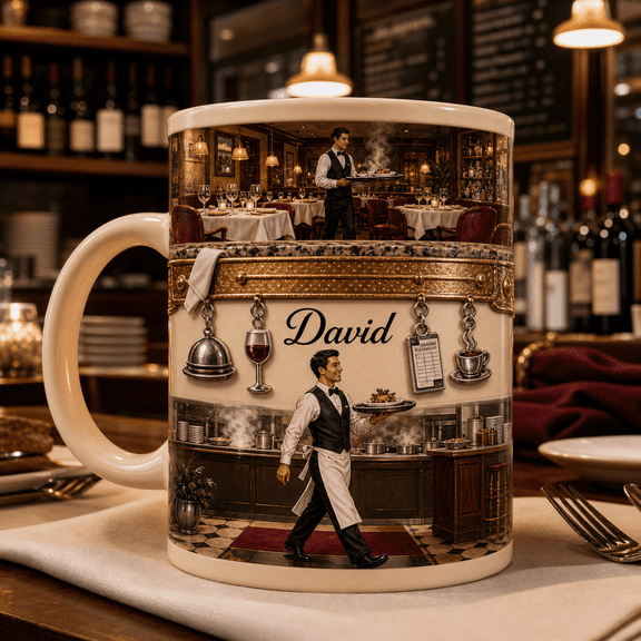 Father's Day Gift Mug for Restaurant Server, Personalized Waiter Coffee Mug for Dad