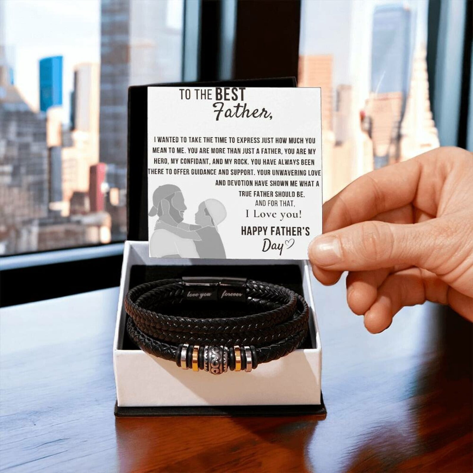 Father's Day Gift for Special Dad, Gift for Best Father, Personalized Vegan Leather Engraved Bracelet for Men in Gift Box with Heart Touching Message Card, Gift for Him