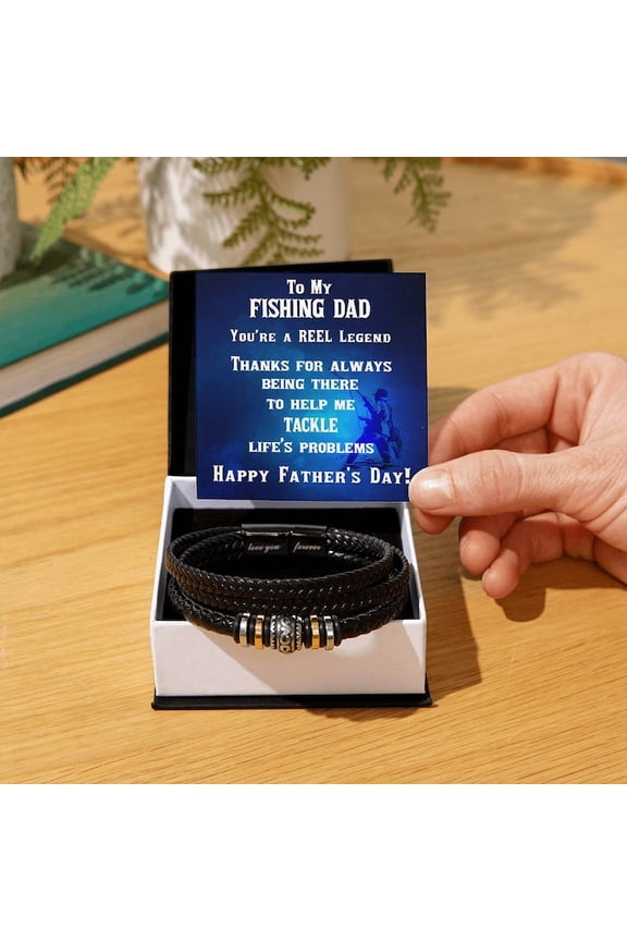 Father's Day Gift for Fisherman Dad Braided Leather Bracelet with Personalized Message Card Birthday Gift for Dad