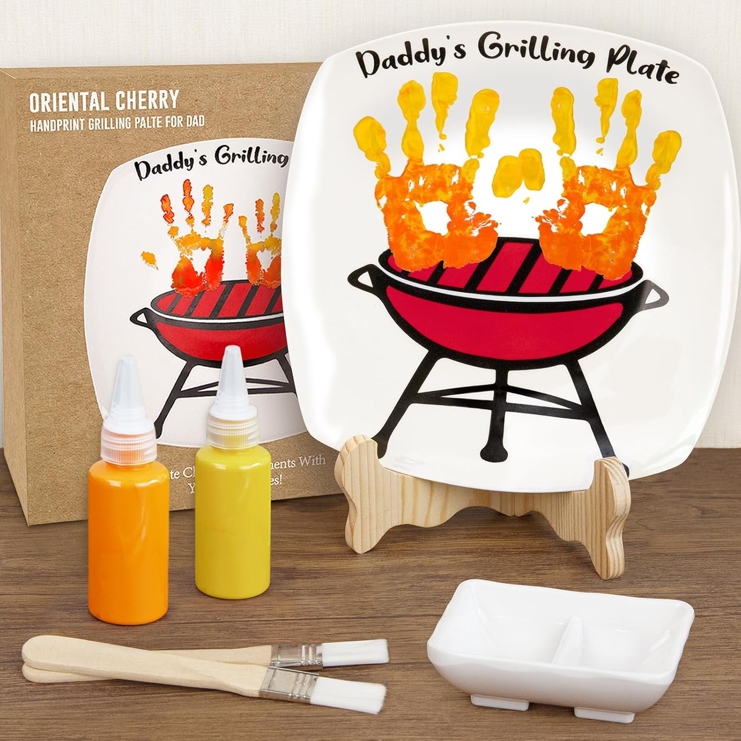 Father's Day Gifts - DIY Daddy's Grilling Plate with Handprint - Personalized Step Dad Gifts from Wife Kids - Funny BBQ Crafts Birthday Present Ideas for First Papa from Daughter Son