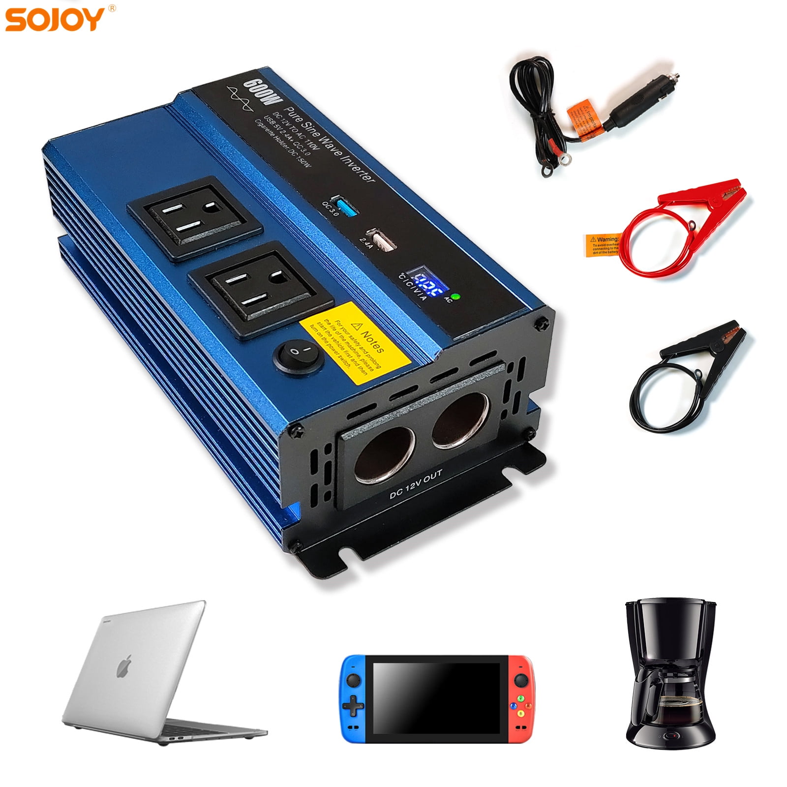 Father's Day Gifts Sojoy Pure Sine Wave Power Inverter 600W DC 12V to AC 110V with Dual AC Outlet,Cigarette Lighters and USB Charging Port for Emergency Situation,Camping (Royal Blue,600W)