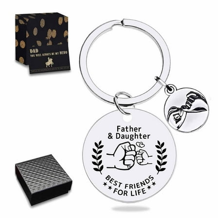 Father’s Day Gifts from Son Daughter Children Keychain Gifts with Round Tag Keyring Birthday Christmas Gifts for Papa Daddy - Father& Daughter Silver 01