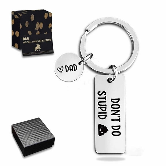 Father’s Day Gifts from Son Daughter Children Keychain Gifts with Square Tag Keyring Birthday Christmas Gifts for Papa Daddy - DON'T DO STUPID Silver