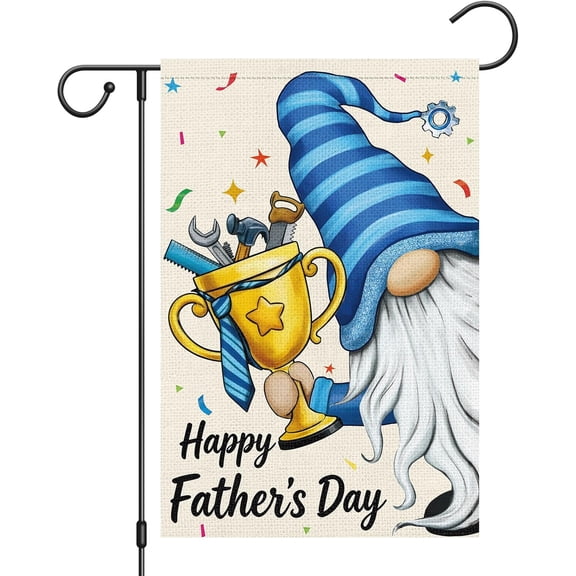 Fathers Day Gnome Garden Flag 12x18 Double Sided Burlap Blue Striped Yard Banner With Tool Trophy Design for Outdoor House Decoration Only Flag