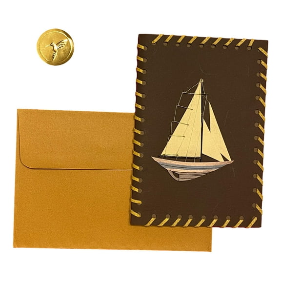 Father's Day Greeting Card - Only Picture - Deluxe, Textured Paper, Tipped Insert, Laser Cut, Raised Embellishment, Three Dimensional, with gold wire on boat, rawhide edge