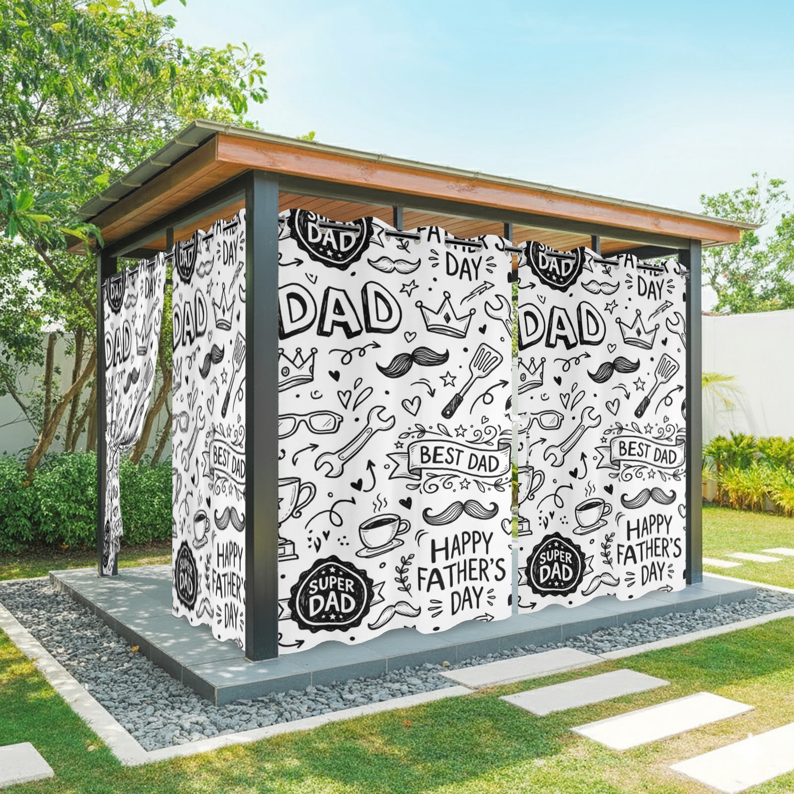 Father's Day Outdoor Curtains for Patio, Beard Baseball Football Tool Cartoon Sunshade Privacy Drapes Grommet Waterproof Outside Curtains for Porch/Cabana/Balcony 54"x 108", 1 Panel