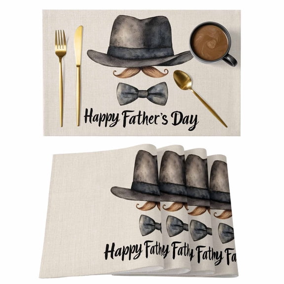 Father's Day Placemats Set of 1, Hat Beard Bow Tie Beard Linen Texture Non-Slip Place Mats Washable Table Mats for Kitchen Dining Table Decorations Indoor/Outdoor