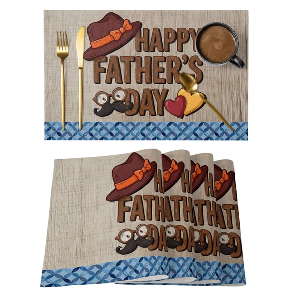 Father's Day Placemats Set of 4 Vintage Funny Words Wooden Retro Art Place Mats Indoor Wipeable Table Mats Washable Cloth Dining Table Placemats for Kitchen Holiday Party Home Decor 13x19 Inch