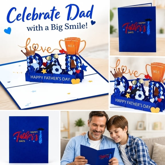 Father's Day Pop Up Card, Fathers Day Pop Up Card, Pop Up Fathers Day Card, Father's Day Card for Dad, 10X7 Inch 3D Pop Up Greeting Card with Trophy and Dad Design, Handcrafted
