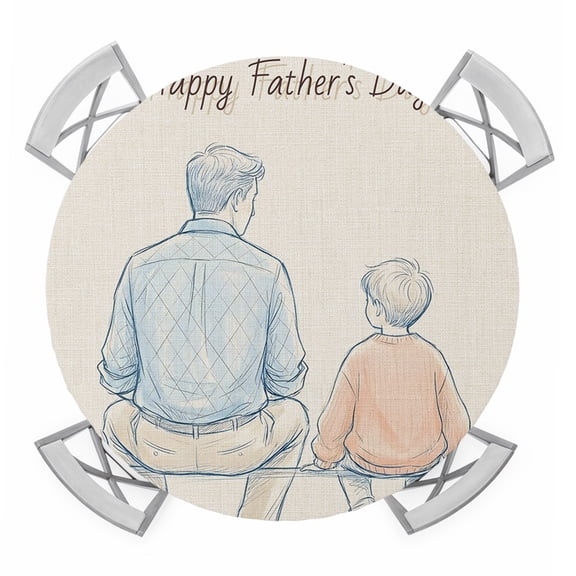 Father's Day Round Table Cover, Father and Son Sitting on A Bench Waterproof Fitted Tablecloths for 36"-44" Tables, Washable Picnic Table Cover for Camping Dining Indoor Outdoor