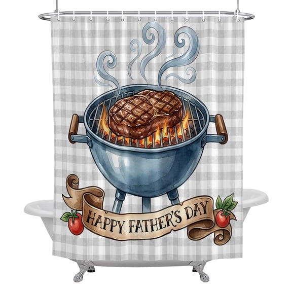 Father's Day Shower Curtain, Modern BBQ Grill Party Gray Plaid Waterproof Fabric Bathroom Shower Curtains Set with Hooks, 72 X 72 Inch Long