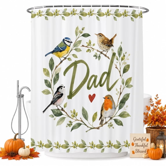 Father's Day Shower Curtain Set - Long 72" x 84" Washable Bathtub Curtain with 12 Hooks, Summer Botanical Leaves Red Heart Birds Waterproof Fabric Stall Shower Curtains for Bathroom/Bathtub Décor