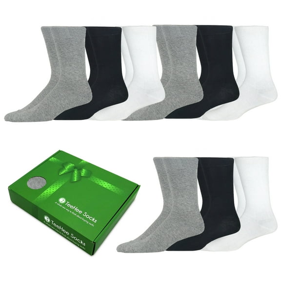 Father's Day Socks in Gift Box for Dad Men's Cotton Crew Dress Socks 10-13 Size 9 Pairs (Solid Black, Grey, White)