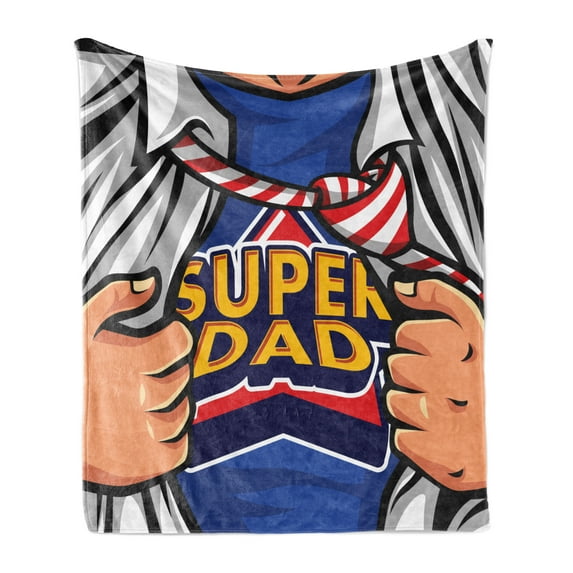 Father's Day Soft Flannel Fleece Throw Blanket, Cartoon Style Human Chest Scene Wearing a Super Dad T-shirt, Cozy Plush for Indoor and Outdoor Use, 60" x 80", Cobalt Blue Multicolor, by Ambesonne