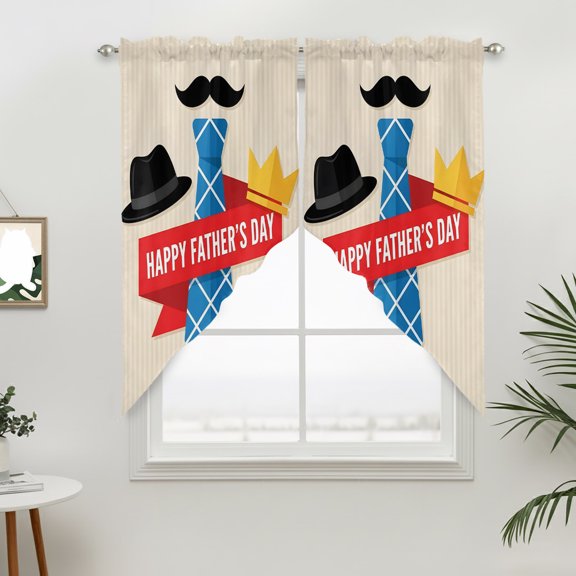 Father's Day Swag Valances for Windows, Modern Blue Tie Mustache Silhouette Rod Pocket Short Curtains, Machine Washable Kitchen Window Topper for Bathroom Living Room, 28 x 36 Inch, 1 Pair