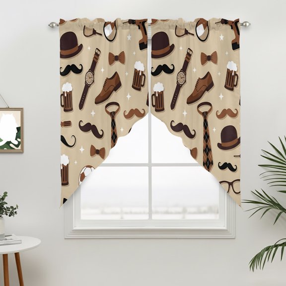 Father's Day Swag Valances for Windows, Modern Brown Tie Mustache Silhouette Rod Pocket Short Curtains, Machine Washable Kitchen Window Topper for Bathroom Living Room, 28 x 36 Inch, 1 Pair