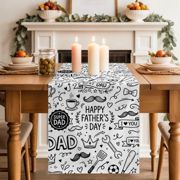 Father's Day Table Runner, Beard Baseball Football Tool Cartoon Washable Cotton-linen Table Runners Dining Kitchen Decoration for Everyday Home Wedding Party Decor, 18 x72 Inch