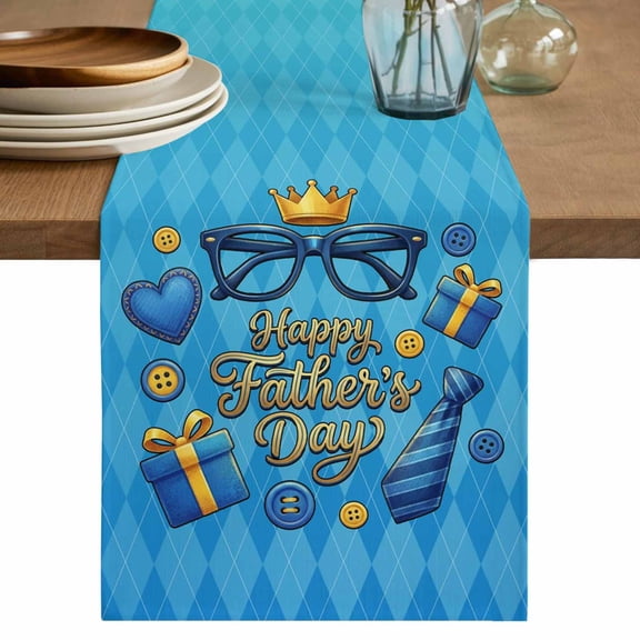 Father's Day Table Runner, Blue Ties Gifts Ombre Geometric Washable Cotton Linen Table Runners 36 Inches Long, Dresser Scarf Runner for Nightstand/End Tables/Round Tables 13''x36''