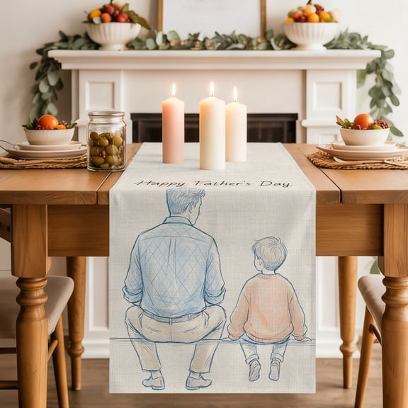 Father's Day Table Runner, Father and Son Sitting on A Bench Washable Cotton-linen Table Runners Dining Kitchen Decoration for Everyday Home Wedding Party Decor, 18 x72 Inch