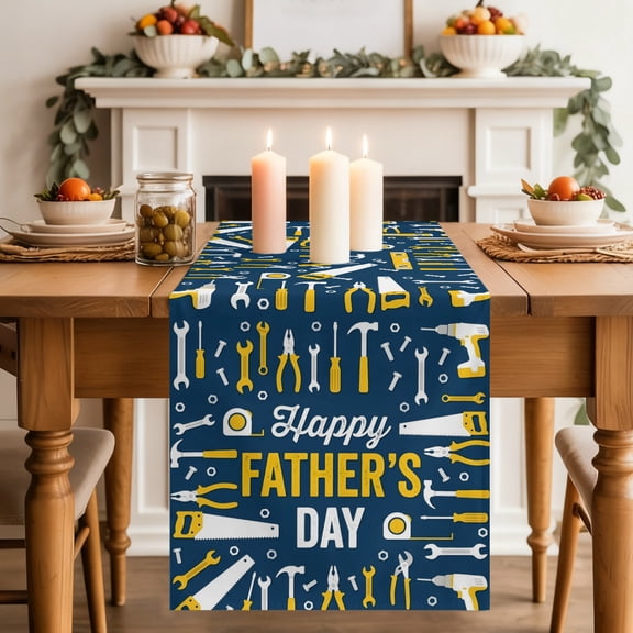 Father's Day Table Runner, Hand Tools Industrial Navy Blue Background Washable Cotton-linen Table Runners Dining Kitchen Decoration for Everyday Home Wedding Party Decor, 13 x 36 Inch