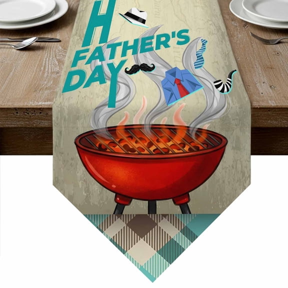 Father's Day Table Runner Linen Burlap Table Runner 48 Inches Long Checkered Funny Words Retro Art Dresser Scarves for Kitchen Island Coffee Dining Room Party Wedding Banquet Holiday Decor 13"x48"