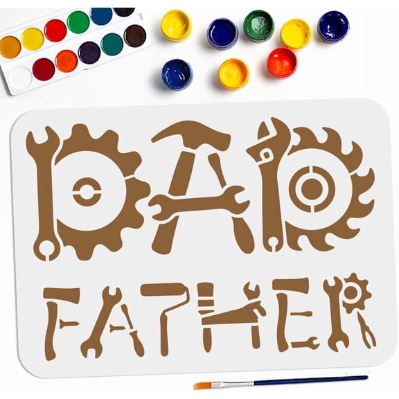 Father's Day Tools Stencil 11.78.3inch Father Dad Word Template with Paint Brush Gear Roller Father Hardware Tools Drawing Stencil for DIY Projects Crafts Furniture Canvas Wall Decor