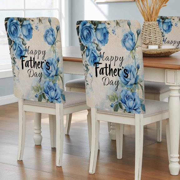 Father's Day Watercolor Blue Rose Chair Covers Set of 8 Vintage Linen Rustic Floral Chair Back Covers Stretch Removable Washable Slipcovers Protector for Dining Room Kitchen Party Decor