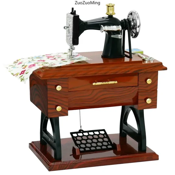 【Father's Day gift】Vintage Mini Sewing Machine Music Box European Retro Classical Treadle Sewing Machine Table Desk Mechanical Clockwork Music Box for Home Decor Birthday Gift