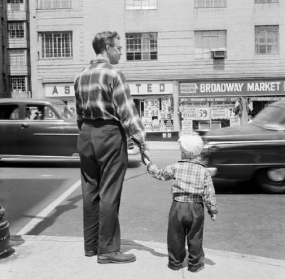 Father with son waiting at pavement to cross road Canvas Art - (24 x 36)