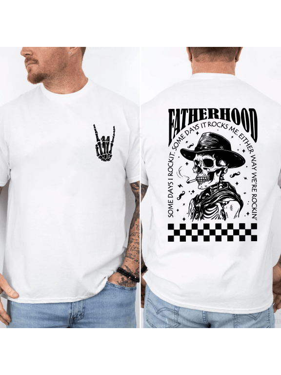 Fatherhood Rocks Shirt Funny Skeleton Dad Graphic Tee, Rock Dad T-Shirt, Cool Fathers Day Gift for Dad Husband, Front and Back Print, Soft Cotton Unisex Shirt