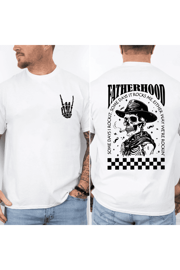 Fatherhood Rocks Shirt Funny Skeleton Dad Graphic Tee, Rock Dad T-Shirt, Cool Fathers Day Gift for Dad Husband, Front and Back Print, Soft Cotton Unisex Shirt