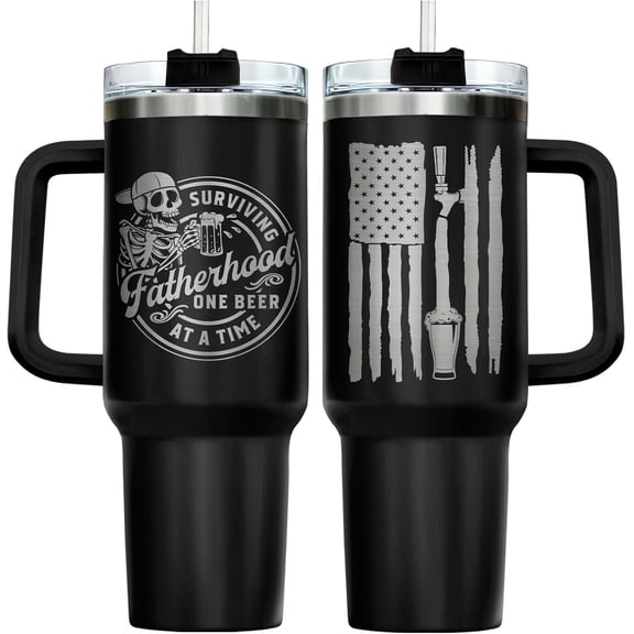 Fathers Day Birthday Dad Gifts from Daughter Son, Skeleton Travel Mug, Surviving Fatherhood One Beer At A Time 40oz Tumbler with Handle, Funny Beer Lover Present for Men, Husband & Grandfather