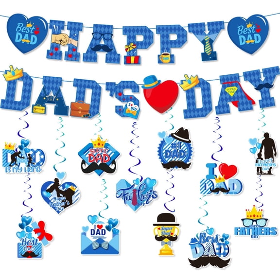 Fathers Day Decorations Happy Dad's Day Banner and Swirls Double-Sided Cards Set Party Hanging Ornament