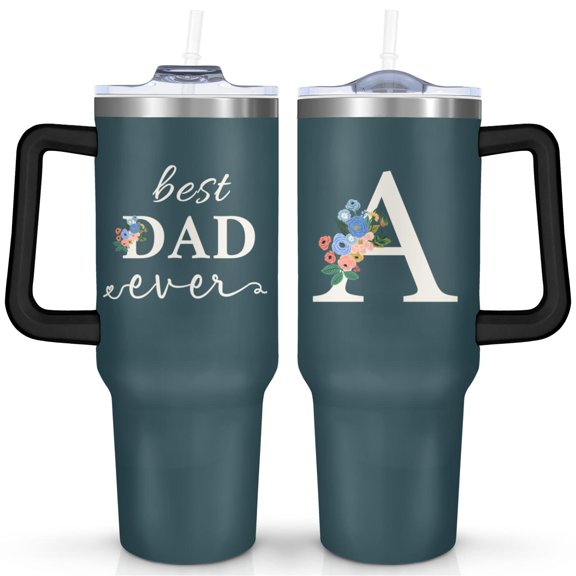 Fathers Day Gift for Dad Mug Cup 40 Oz Tumbler with Handle and Straw, Reusable Stainless Steel Water Bottle Leak Proof Insulated Travel Iced Coffee Cup Birthday Christmas Custom Gift for Dad(A)