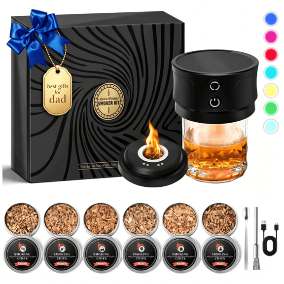 Fathers Day Gift for Men Dad: Electric Whiskey Smoker Kit with Lights - Cocktail Infuser with 6 Wood Chips for Whiskey Bourbon Lovers - Old Fashioned Drink Smoker for Drink Mixing Home Bar Party