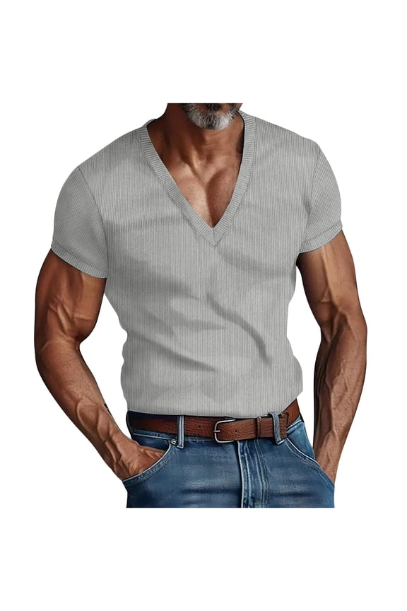 Fathers Day Gifts for Dad Dgankt Mens T Shirts Men's Muscle T Shirts Stretch Short Sleeve V Neck Bodybuilding Workout Tee Shirts Ribbed Knit Shirt