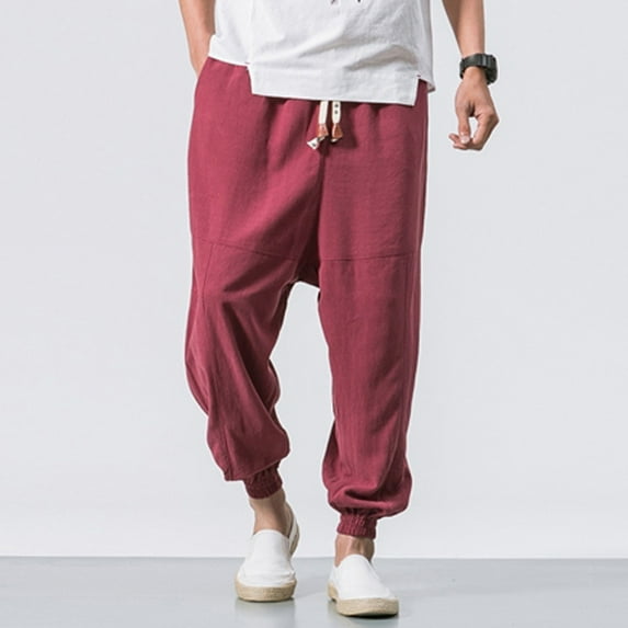 Fathers Day Gifts Linen Pants For Men Cotton Solid Elastic Waist Casual Trousers Drawstring Mid With Pockets
