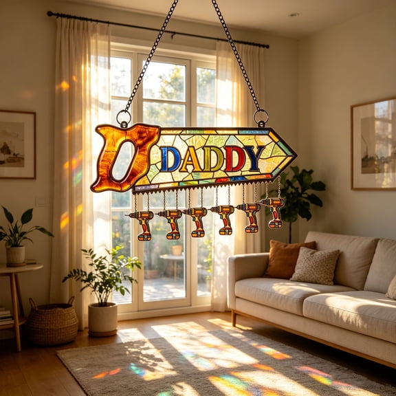 Fathers Day Gifts for Dad, Saw Pendant Stained Glass Suncatcher with Daddy Lettering, Woodworking Tool Shaped Gift, 7.87 Inch