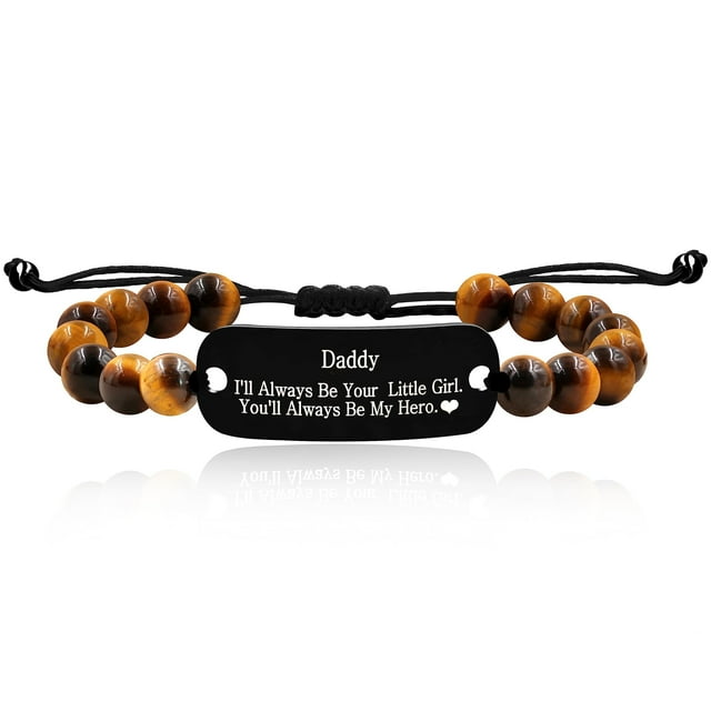 Fathers Day Gifts from Daughter - Adjustable 8mm Tiger Eye Beaded Bracelets I'll Always Be Your Little Girl, You'll Always Be My Hero