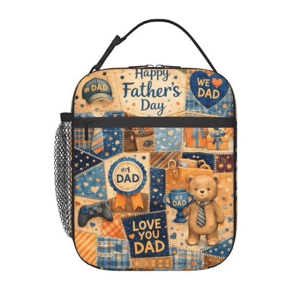 Fathers Day Love Dad Patchwork Lunch Bag Reusable Thermal Lunch Tote with Handle for Women and Men