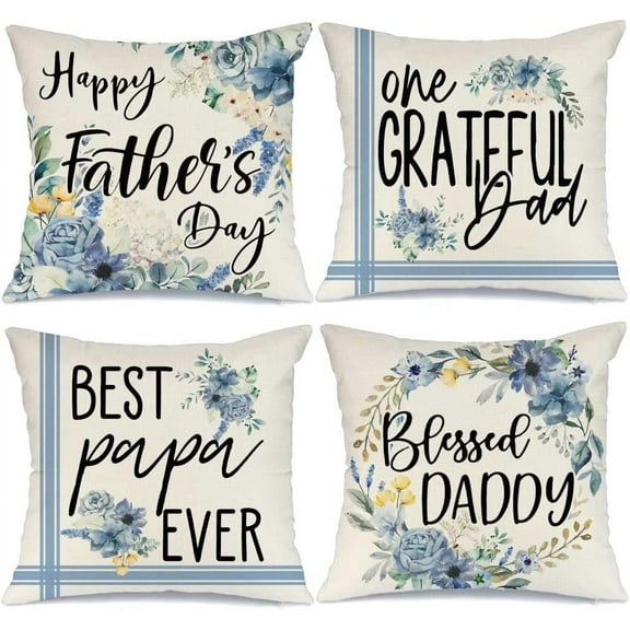 Fathers Day Pillow Covers 18x18 Set of 4 Watercolor Floral Wreath Blessed Daddy Pillows Decorative Throw Pillows Happy Fathers Day Decorations Farmhouse Decor Cushion Case for Sofa
