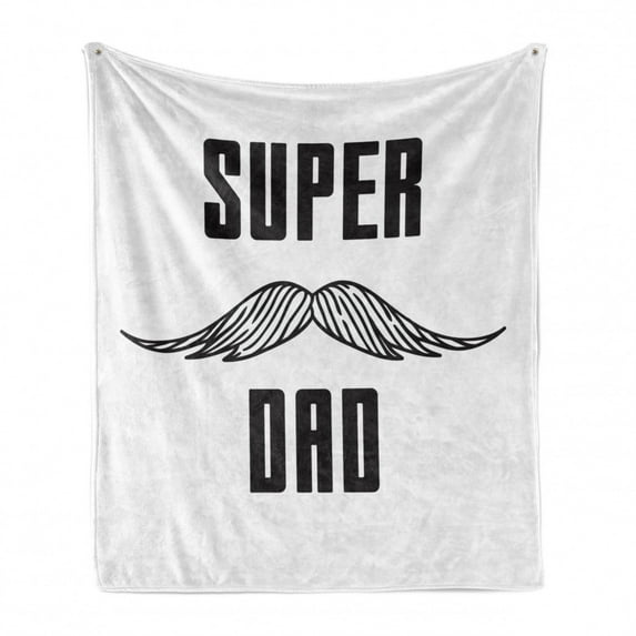 Fathers Day Soft Flannel Fleece Blanket, Super Dad Typography with Outline Mustache Pictogram on Plain Backdrop, Cozy Plush for Indoor and Outdoor Use, 70" x 90", Charcoal Grey White, by Ambesonne
