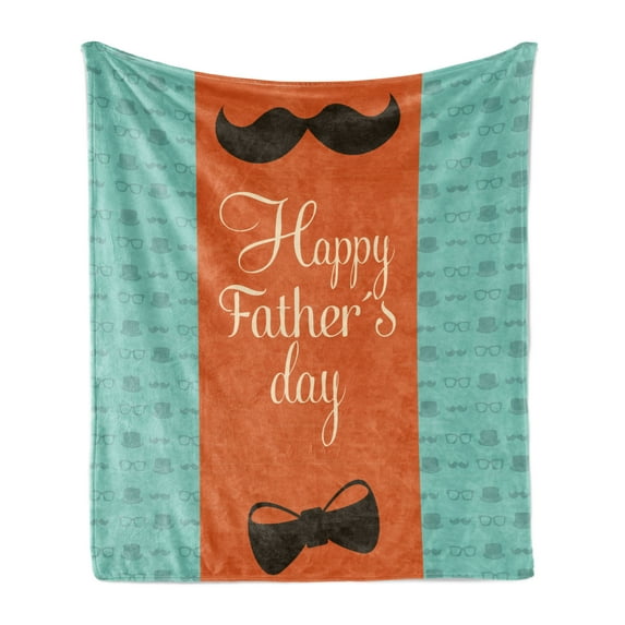 Fathers Day Soft Flannel Fleece Throw Blanket, Retro Composition with Mustache and Bowtie Happy Celebration, Cozy Plush for Indoor and Outdoor Use, 50" x 60", Dark Orange Seafoam, by Ambesonne