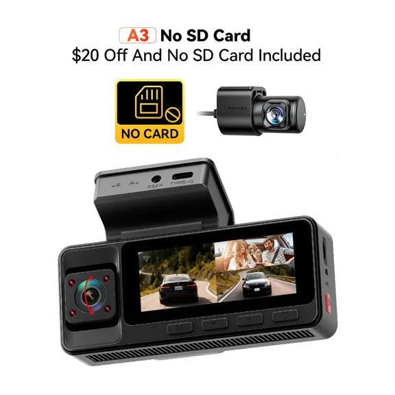 【FathersDayGift】REDTIGER A3 3 Channel WiFi Dash Cam Front and Rear Inside with 32G SD Card( No SD Card Option In A Better Deal ), 2.5K+1080P+1080P Car Dash Camera for CarsFront and Rear, G-Sensor
