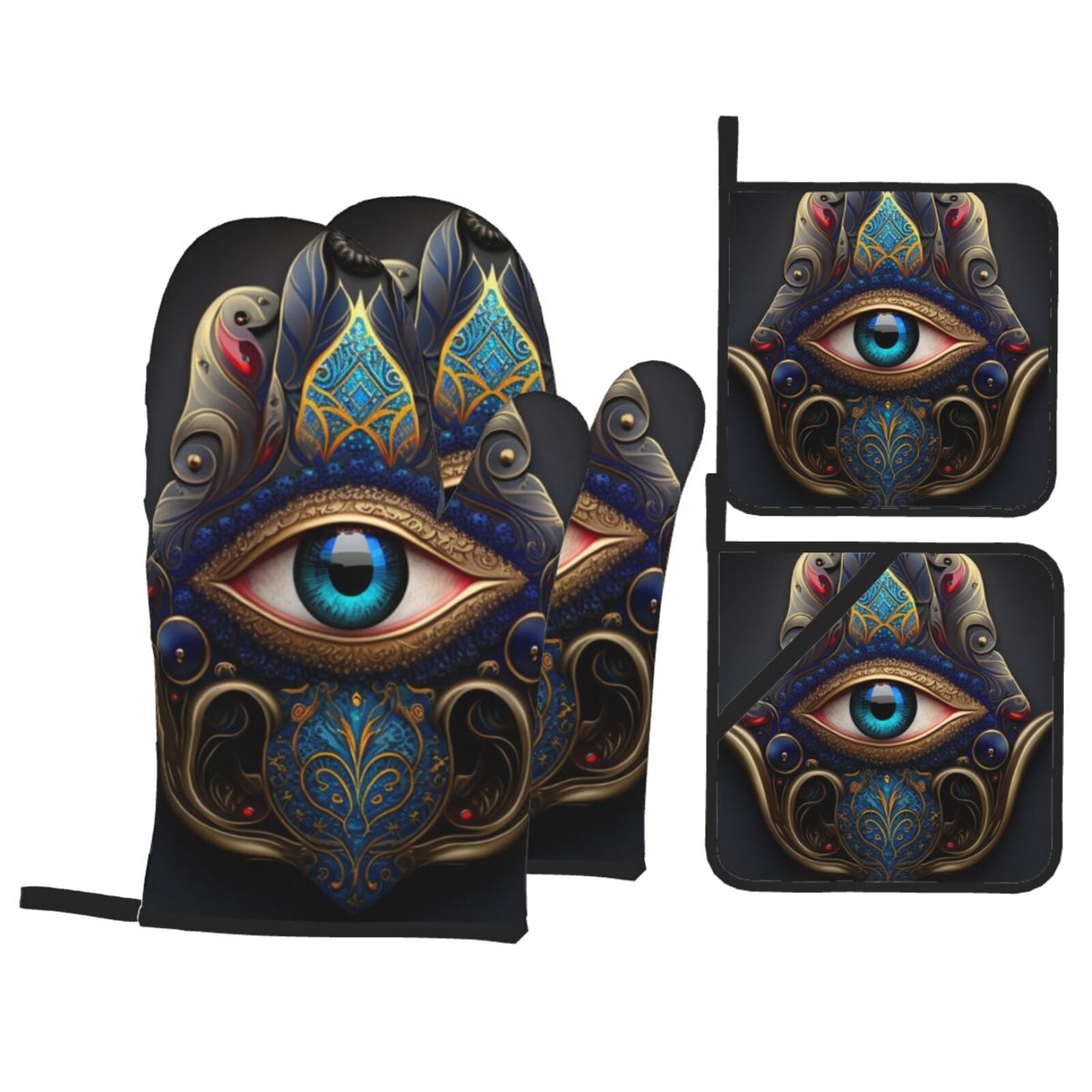 Fatima Hamsa Hand Evil Eye Ornaments 4Pcs Oven Mitts and Pot Holders Sets Oven Kitchen Gloves Hot Pads for Cooking BBQ Baking Grilling