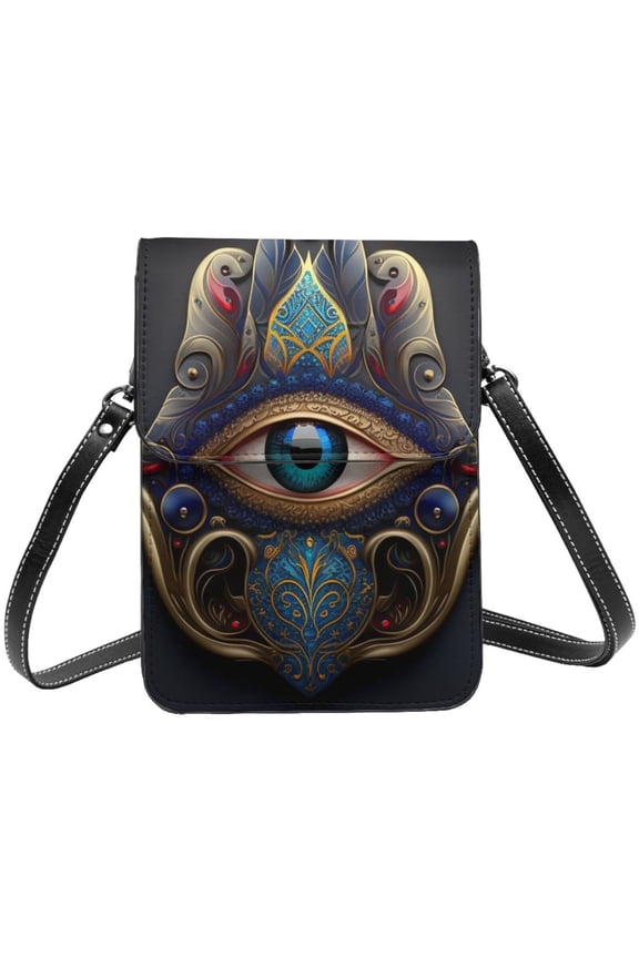 Fatima Hamsa Hand Evil Eye Ornaments Cell Phone Purse Small Crossbody Bag with Strap Credit Card Slots Leather Shoulder Wallet for Women