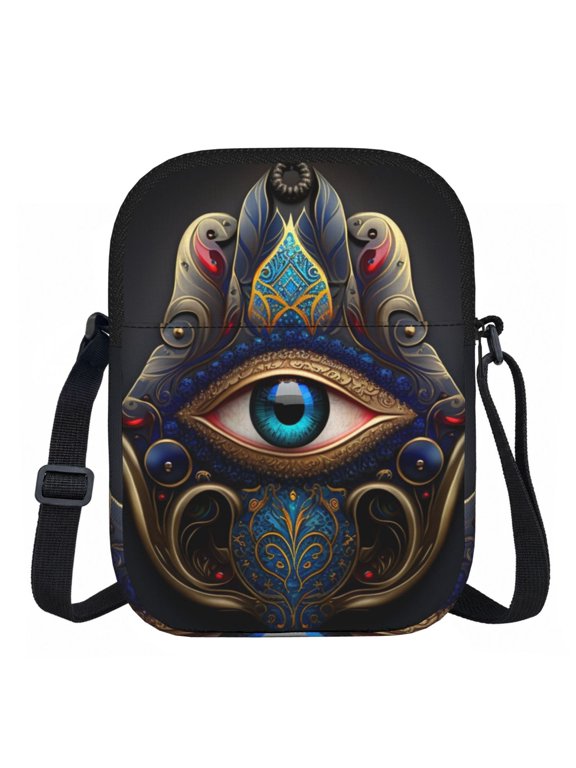 Fatima Hamsa Hand Evil Eye Ornaments Zipper Crossbody Bag Everyday Travel Pouch Adjustable Strap Commuter Bags