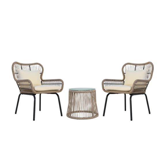 Fatima Outdoor 3 Piece Iron and Rope Chat Set with Cushions, Brown, Beige