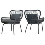 Fatima Outdoor Steel and Rope Club Chairs with Cushions, Set of 2, Dark Gray, Gray